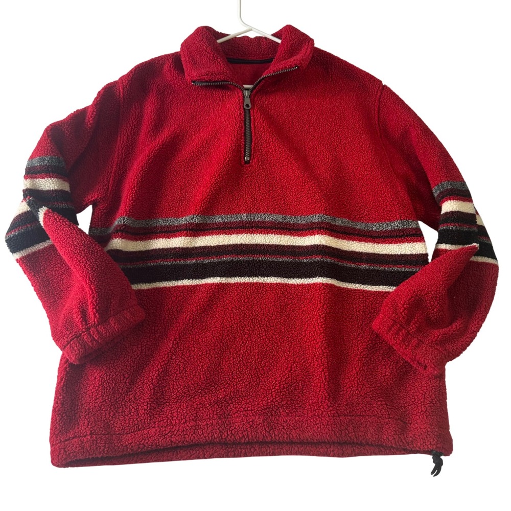 Y2K Free Country USA Red Striped Sherpa Fleece Quarter Zip Pullover Large